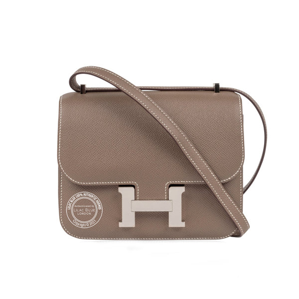 Hermès Constance 18 in Etoupe Epsom leather with palladium H clasp and adjustable shoulder strap, front view