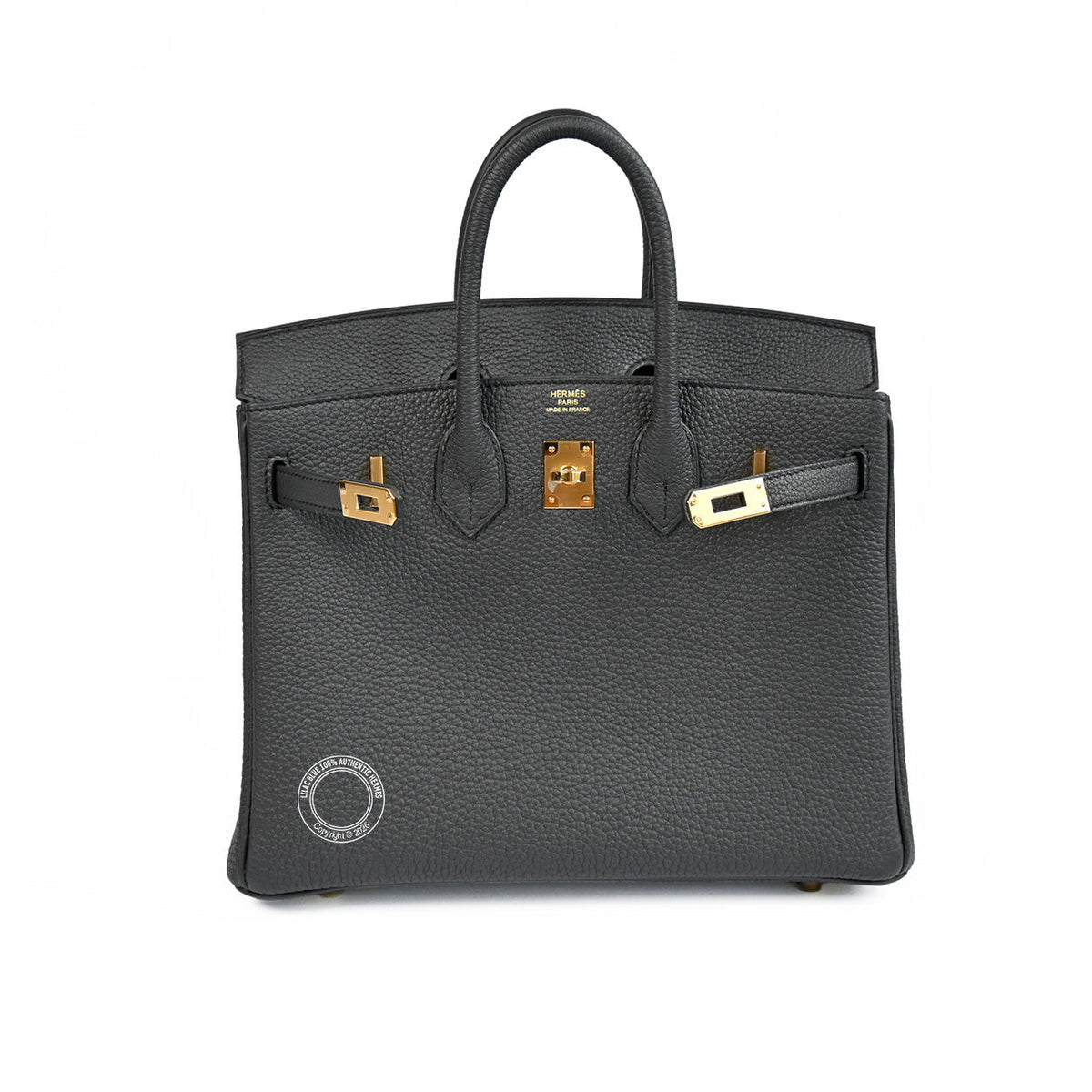 Hermès Birkin 25 in Plomb Togo leather with open flap showing gold turnlock hardware