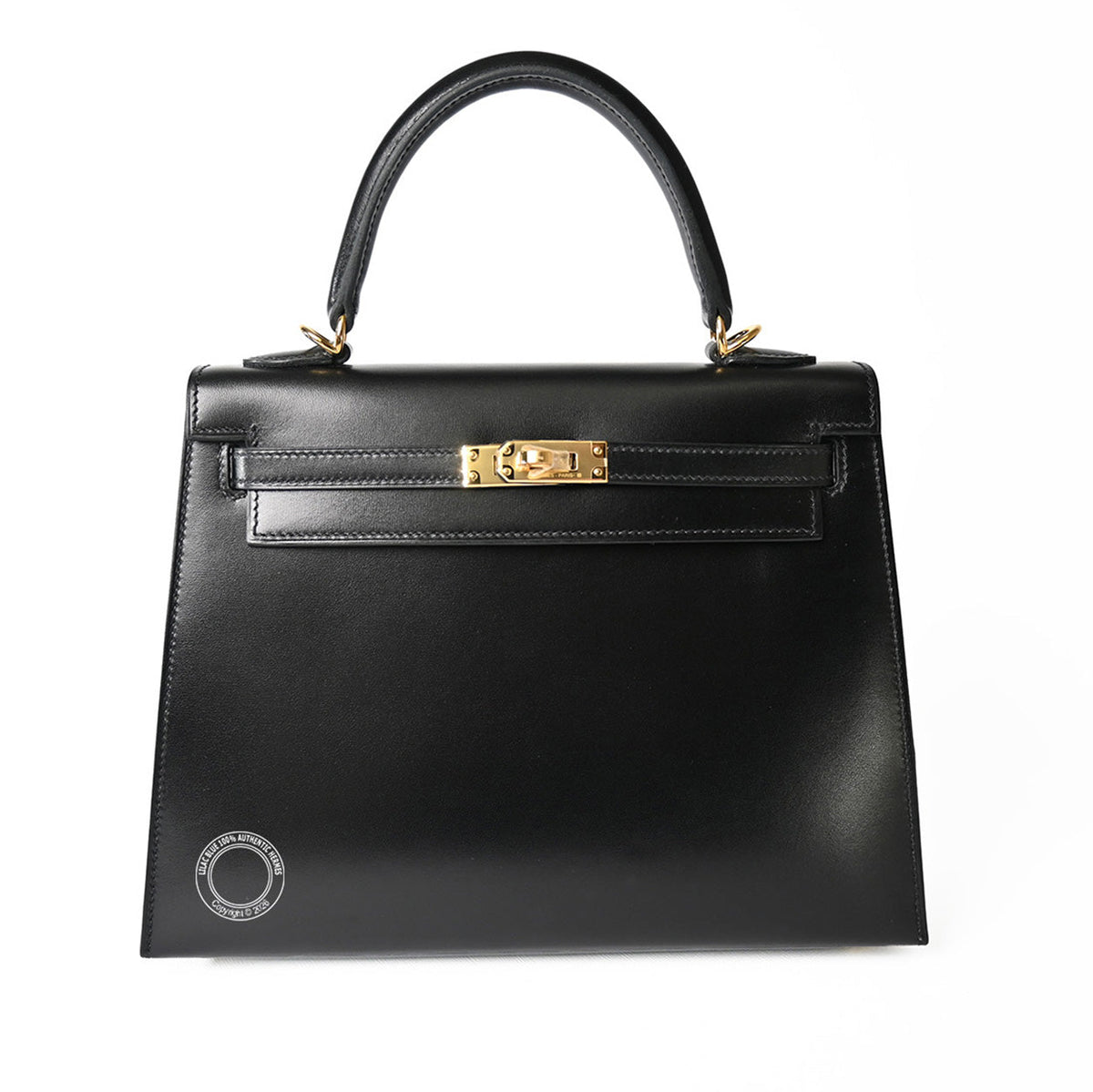 A black leather top-handle handbag with gold-tone hardware, shown against a plain white background.