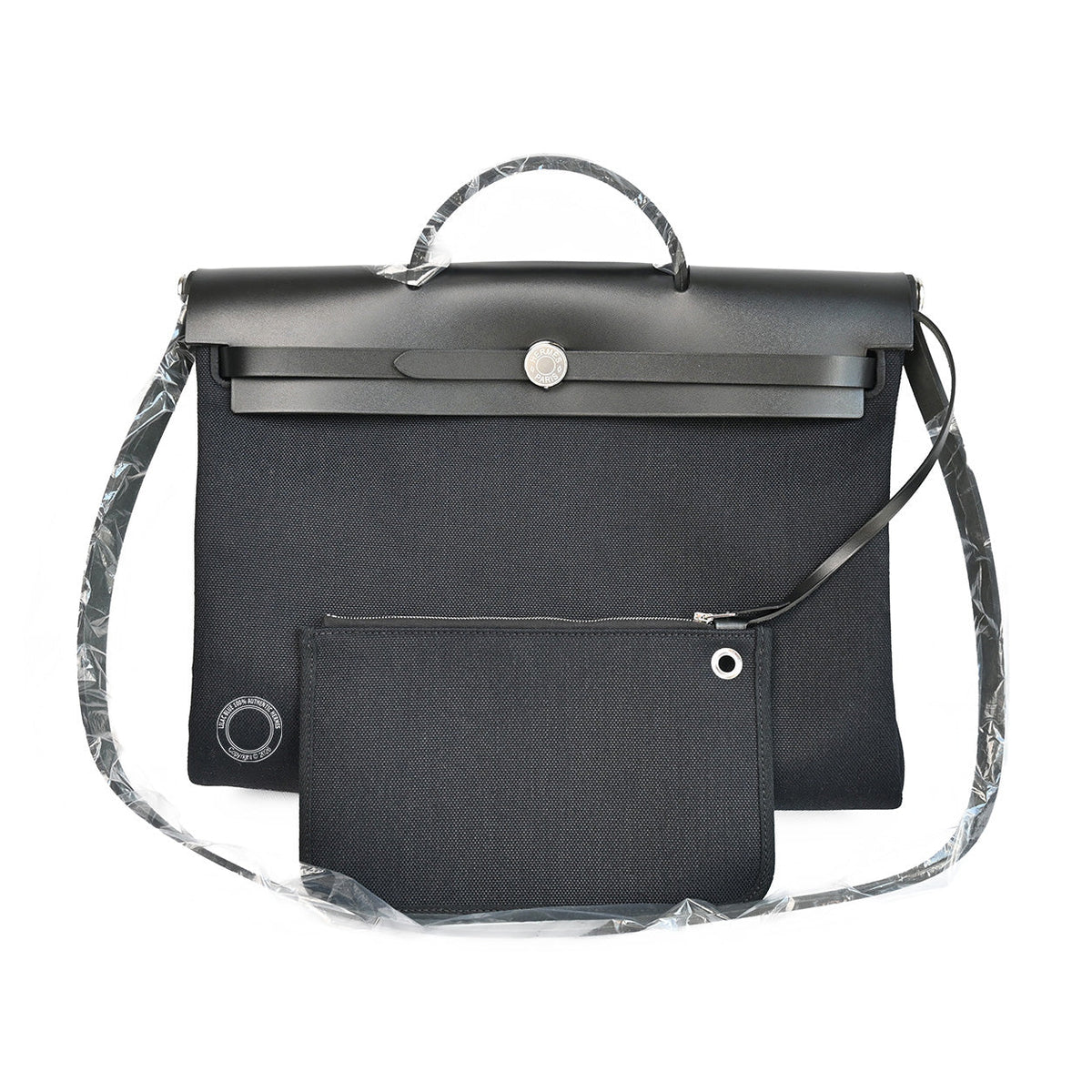 Hermes Herbag Messenger 39 in Black Hunter Leather and Militaire Canvas with palladium hardware