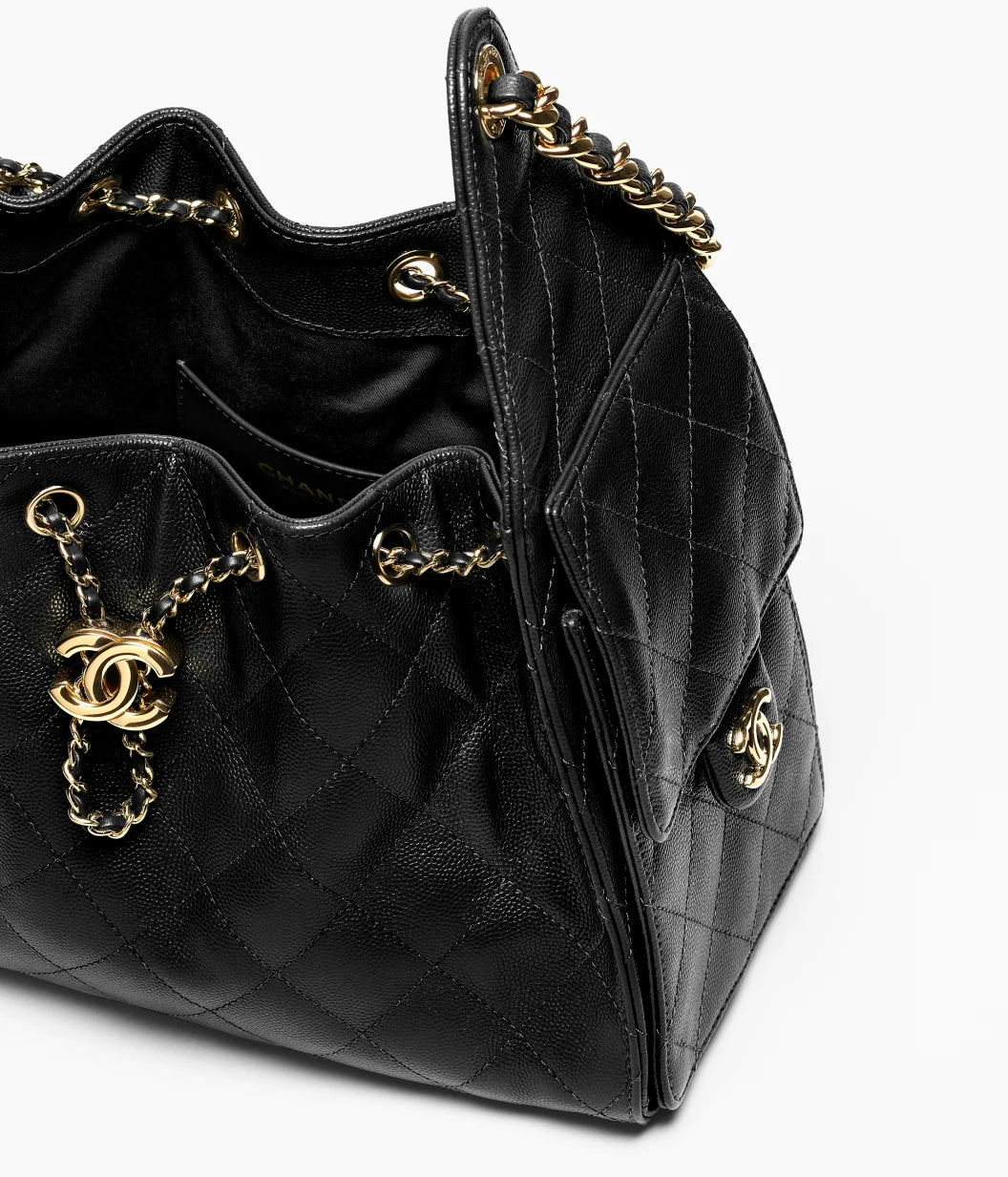 CHANEL 25 Small Handbag Grained Calfskin & Gold-Tone Metal Black with yellow gold strap