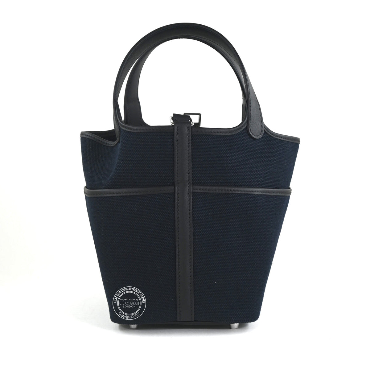 Hermès Picotin 18 Cargo in Bleu Marine Toile Goeland canvas with Black Swift leather trim and palladium hardware, back view