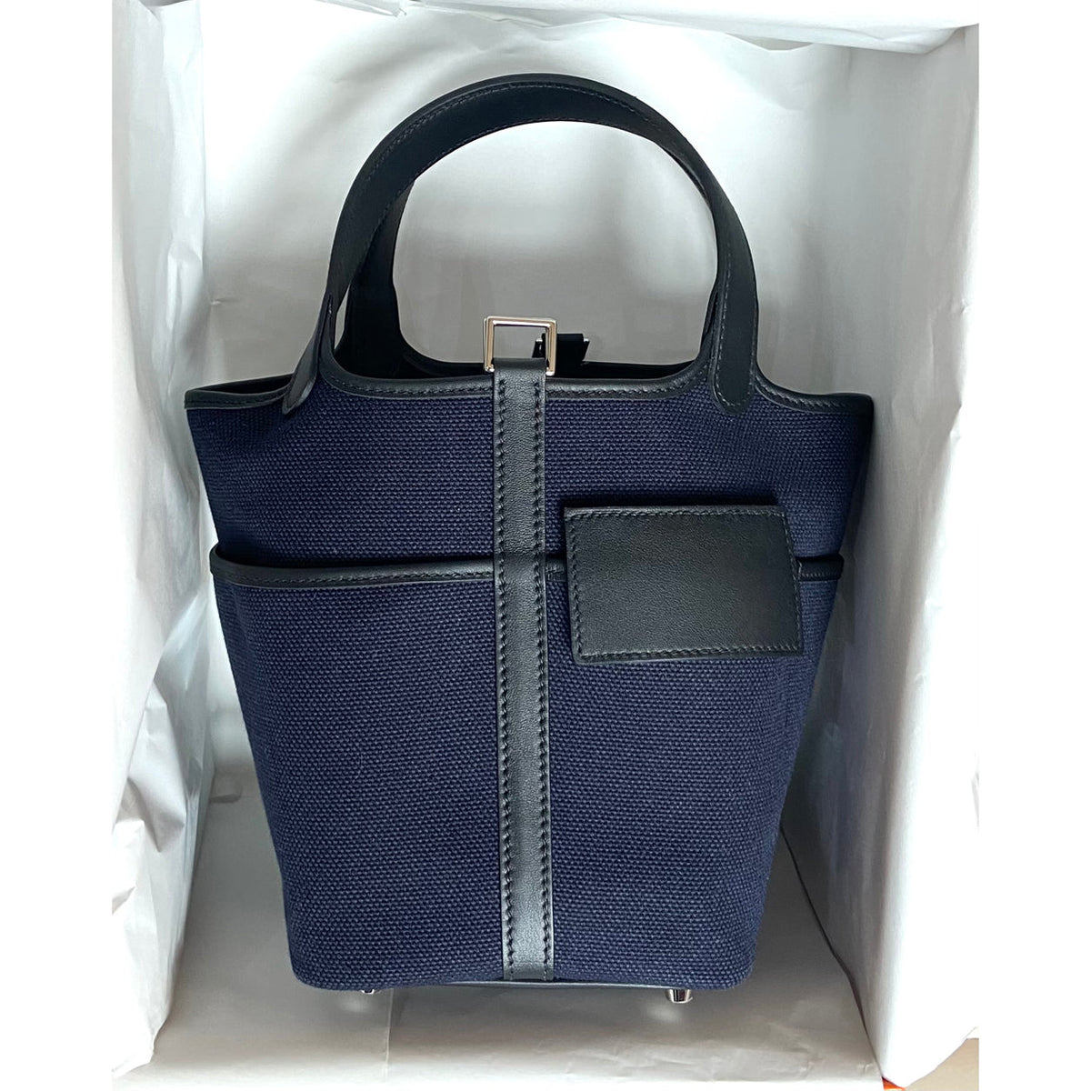 Hermès Picotin 18 Cargo in Bleu Marine Toile Goeland canvas with Black Swift leather trim, presented in its box