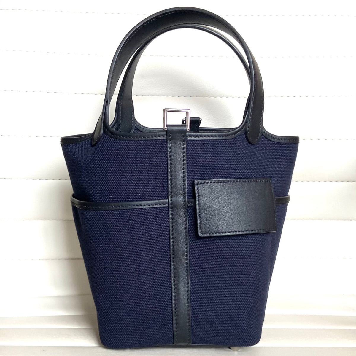 Hermès Picotin 18 Cargo in Bleu Marine Toile Goeland canvas with Black Swift leather trim and palladium hardware, front view