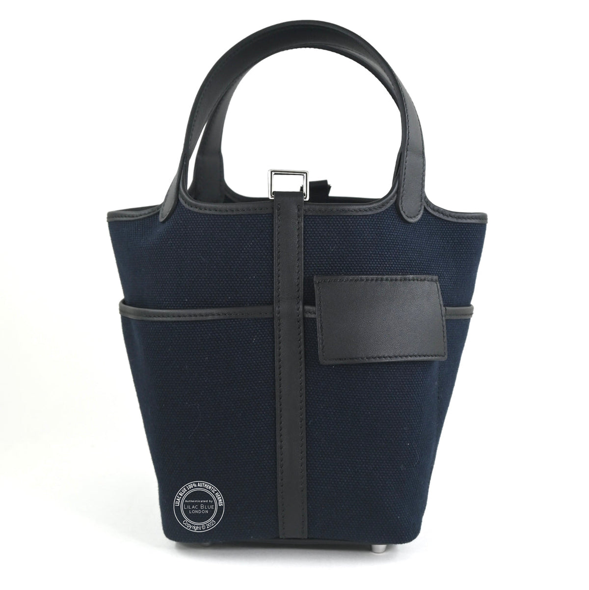 Hermès Picotin 18 Cargo in Bleu Marine Toile Goeland canvas with Black Swift leather trim and palladium hardware, front view