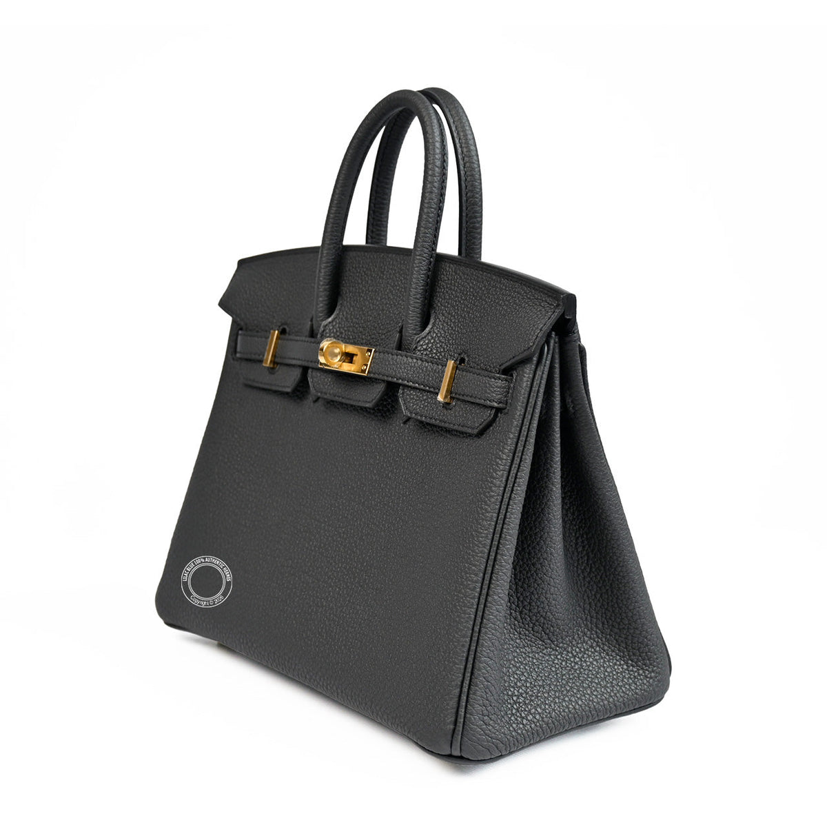 Hermès Birkin 25 in Plomb Togo leather with gold hardware, three-quarter side view