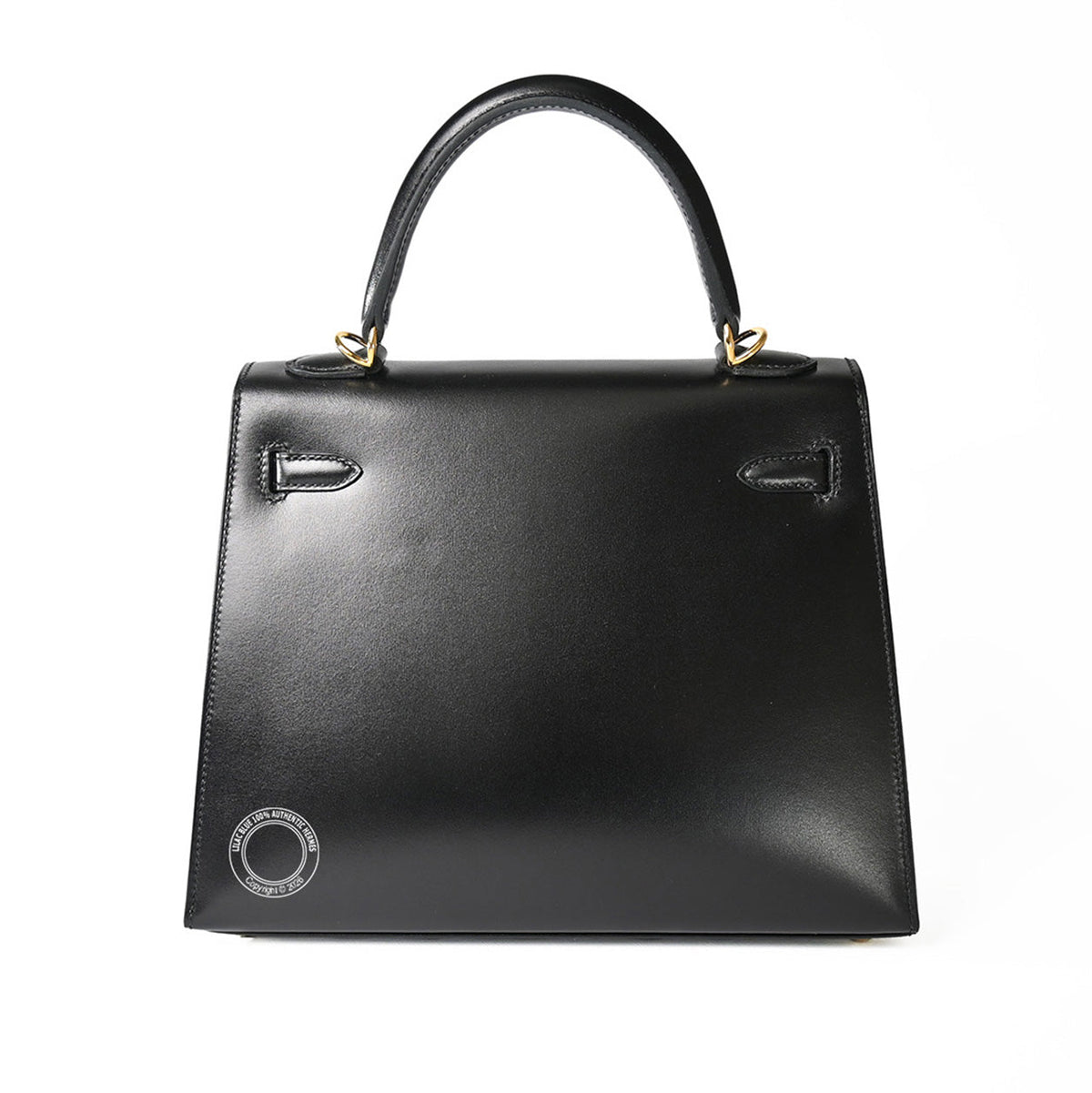 Hermès Kelly 25 in Black Box calfskin leather with gold hardware, back view