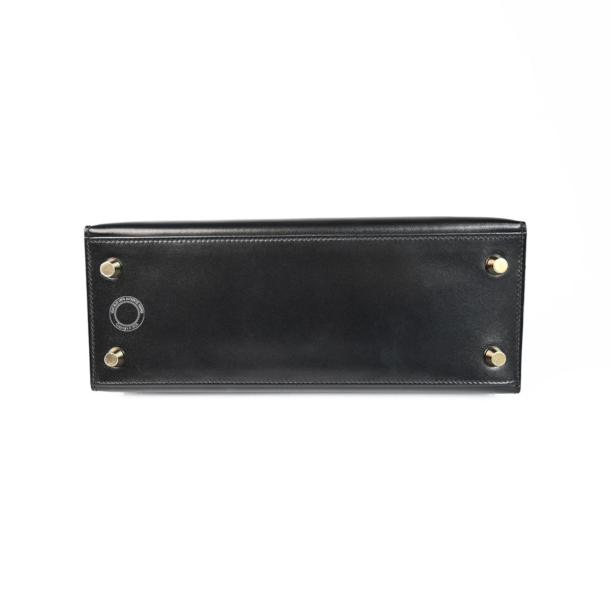 Hermès Kelly 25 in Black Box calfskin leather, base view with gold feet