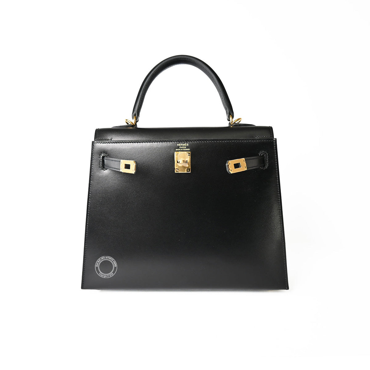 Hermès Kelly 25 in Black Box calfskin leather with gold hardware, front view