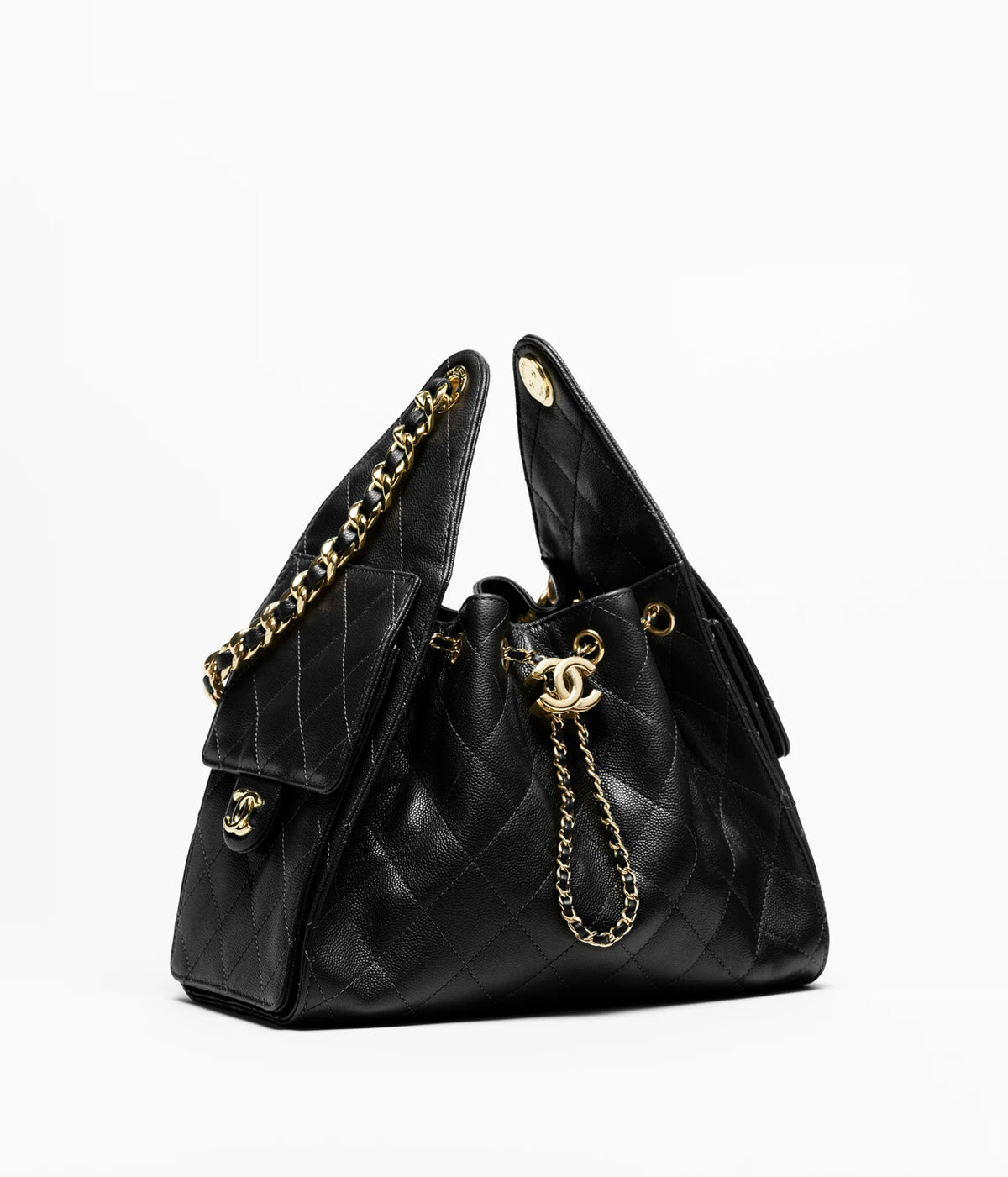 CHANEL 25 Small Handbag Grained Calfskin & Gold-Tone Metal Black with yellow gold strap