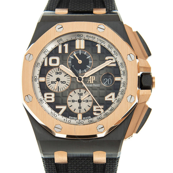 A luxury wristwatch with a black ceramic case, rose gold bezel and lugs, and a black dial with beige subdials and large Arabic numerals. The brand logo 'AP' is visible on the dial.