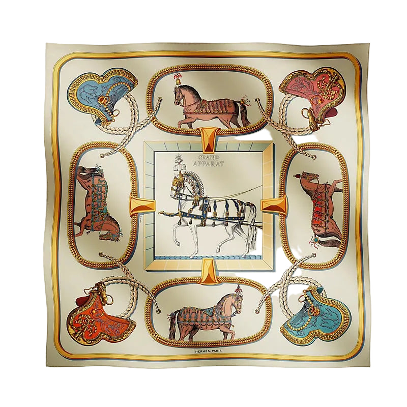 A square silk scarf featuring a vintage-inspired design with a central horse illustration and eight decorative panels around the border showing stylized horses in red, blue, and gold.
