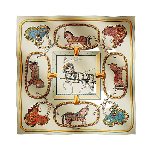 A square silk scarf featuring a vintage-inspired design with a central horse illustration and eight decorative panels around the border showing stylized horses in red, blue, and gold.