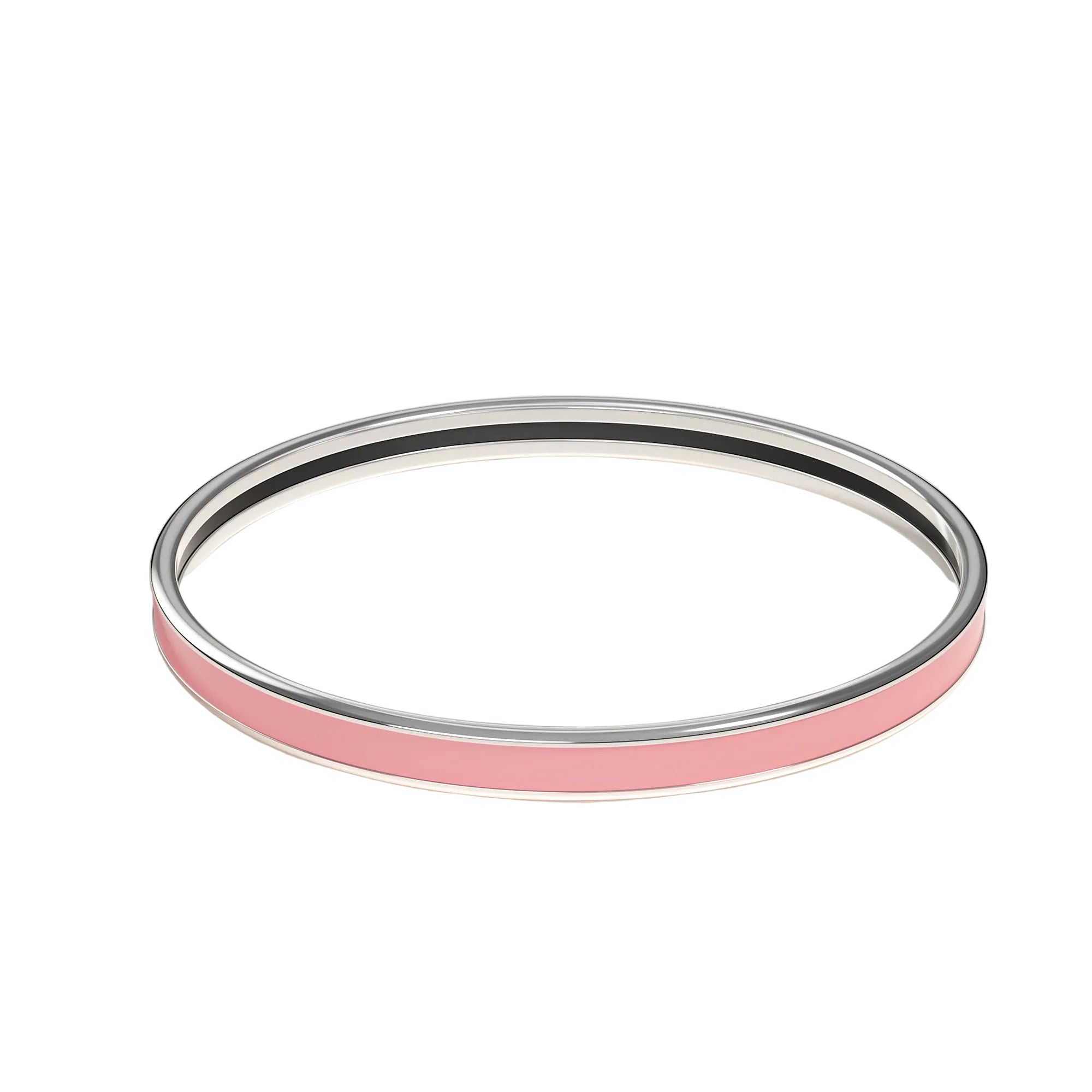 A thin circular bangle bracelet with a polished silver-toned metal edge and a smooth light pink center band, photographed on a clean off-white background.